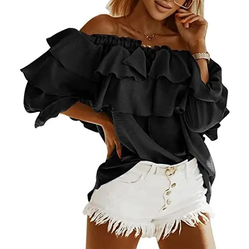 Produktbild: Damen Schulterfrei Oberteile 3/4 Geschichtete Rüschenärmel Rückenfrei T-Shirts Elegant Bluse Tops(m-Schwarz)
