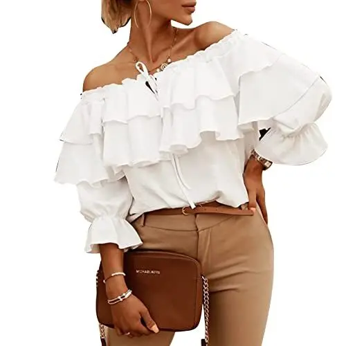 Produktbild: Damen Schulterfrei Oberteile 3/4 Geschichtete Rüschenärmel Rückenfrei T-Shirts Elegant Bluse Tops(XXL-Weiß)
