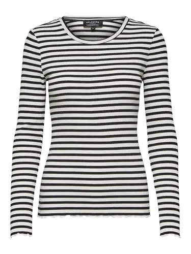 Produktbild: Damen Selected Basic Langarm Shirt Dünner Longsleeve Pullover SLFANNA Baumwolle Sweatshirt, Farben:weiß/schwarz, Größe:L