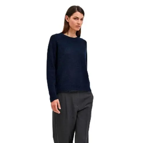 Produktbild: Damen Selected Rundhals Strickpullover Lockerer Feinstrick Wollpullover SLFLULU Sweater, Farben:Dunkelblau, Größe:S