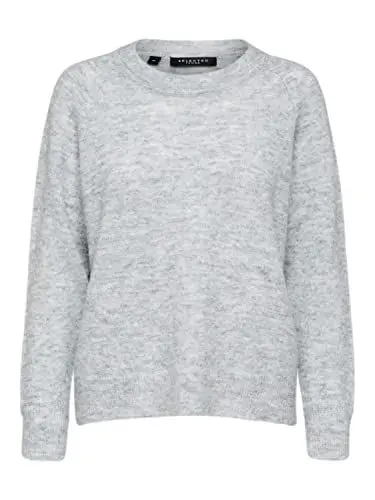 Produktbild: Damen Selected Rundhals Strickpullover | Lockerer Feinstrick Wollpullover | SLFLULU Sweater, Farben:Grau, Größe:XL
