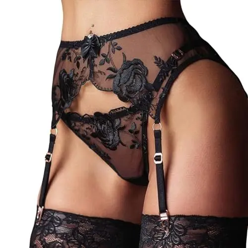Produktbild: Damen Sexy Strumpfhalter Strapse Spitzen Strapsgürtel mit 4 Verstellbaren Hosenträger Clips G-String,Durchsichtige Mesh Strapsstrümpfe Hoher Taille,Strumpfbänder Strapsen Dessous Set Frauen (Schwarz)