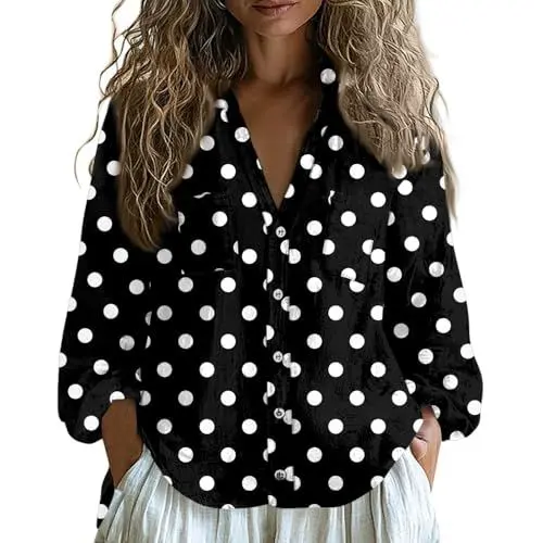 Produktbild: Damen Shirt 2025 Sommer Freizeitoberteil V-Kragen Knöpfe Druckmuster Lange Ärmel aus Baumwolle und Leinen Oberteile Schwarz S