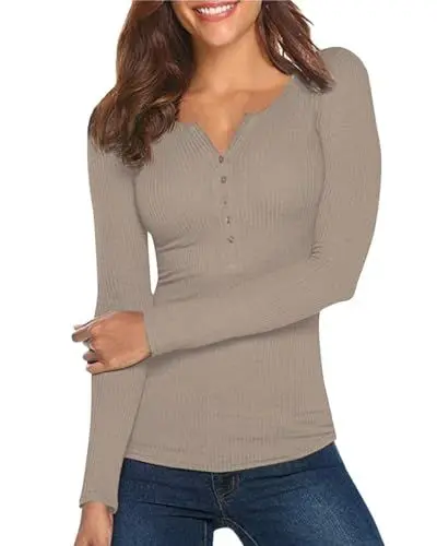Produktbild: Damen Shirt Langarm V-Ausschnitt Basic Oberteile Button Casual Pullover Einfarbig Langarmshirt(Grau,Medium)