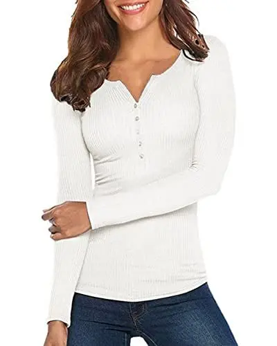 Produktbild: Damen Shirt Langarm V-Ausschnitt Basic Oberteile Button Casual Pullover Einfarbig Langarmshirt(Weiß,Small)