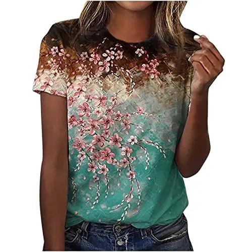 Produktbild: Damen Shirts Sommer Basic Shirt Damen Schickes Oberteil Damen Batik Shirt Damen T-Shirt Damen Kurzarm Shirt Damen Weiß Bluse Damen Sommer Damen Shirt Kurzarm Weisse Tshirts Türkis XL