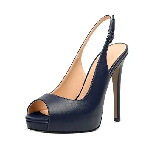 Produktbild: Damen Slingback Plateau Plattform Sandalen Peep Toe Zehenkappe Stiletto Hoher Absatz Heel Knöchelriemen Dress Schuhe Hochzeit Party 12 cm Marine EU38