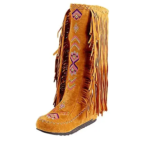 Produktbild: Damen Sneakers Stiefel Mit Absatz Schuhe Boots Flock Long Stiefel Mode Quaste Chinesische Flache Hohe Frauen Nation Heels Fransen Kniestiefel Damenstiefel Gummi Stiefel Damen Stiefel (Yellow, 37)