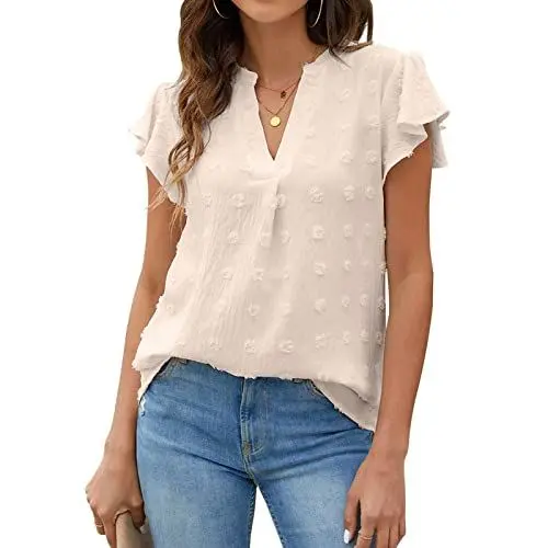 Produktbild: Damen Sommer Elegante Rüschenbluse mit V-Ausschnitt, Leicht und Atmungsaktiv Lockerer Chiffon Lässig Kurzärmlig Schicke Polka Dot-Shirts(XL-Aprikose)