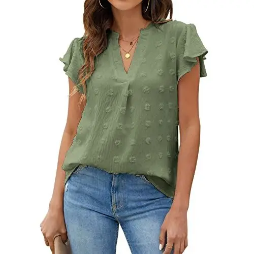 Produktbild: Damen Sommer Elegante Rüschenbluse mit V-Ausschnitt, Leicht und Atmungsaktiv Lockerer Chiffon Lässig Kurzärmlig Schicke Polka Dot-Shirts(S-Hellgrün)