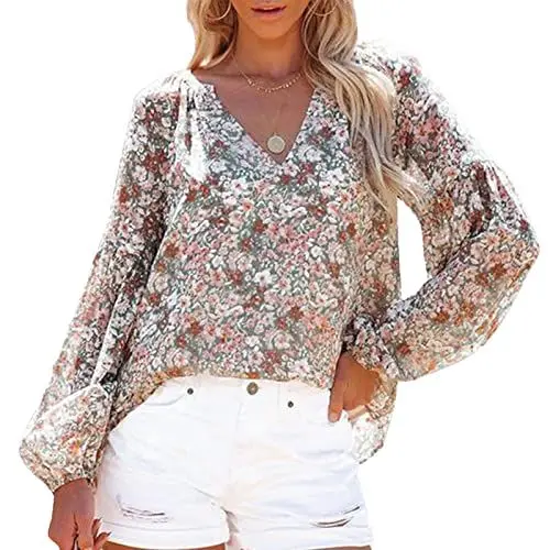 Produktbild: Damen Sommer Frühling Ärmel Chiffon Blumendruck Lange Flare Ärmel V-Ausschnitt Lässige Bluse Shirt Tops(3XL-Bunt)