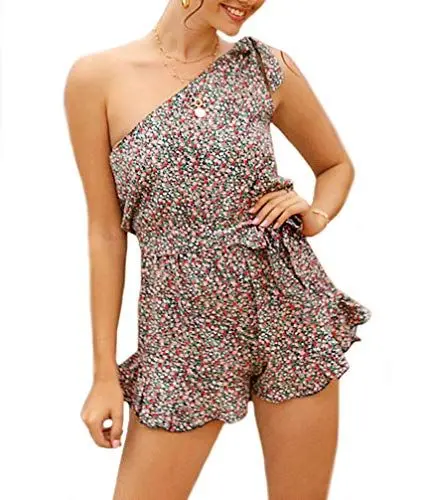 Produktbild: Damen Sommer Kurzes Jumpsuit Young Fashion One Shoulder Blumenprint Aufdruck Playsuit Schulterfrei Rüschen Romper Mit Gürtel (Blau,XL)