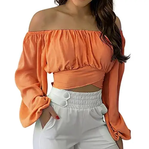 Produktbild: Damen Sommer Schulterfreie Crop Tops Rüschen Laterne Ärmel Krawatte Zurück Bluse Shirt(M-Orange)