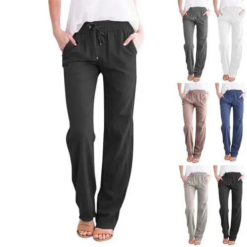 Produktbild: Damen Sommerhose Leicht Freizeithose Frauen Loose Fit Sweathose Straight Bein Hose Leinenhose Lange Loose Mädchen Casual Strandhose Strand Hosen Lässige Stoffhose Jogginghose Yogahose Schwarz XXL