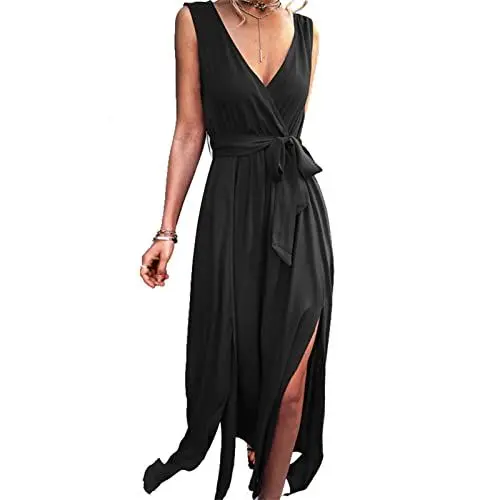 Produktbild: Damen Sommerkleid Ärmellos V-Ausschnitt Kleider Lang Maxikleider Sexy Maxikleid Elgant Lange Hochzeit Brautjungfernkleid Partykleid Einfarbig Hohe Taille Seitenschlitz Sommer Strandkleid(m-Schwarz)