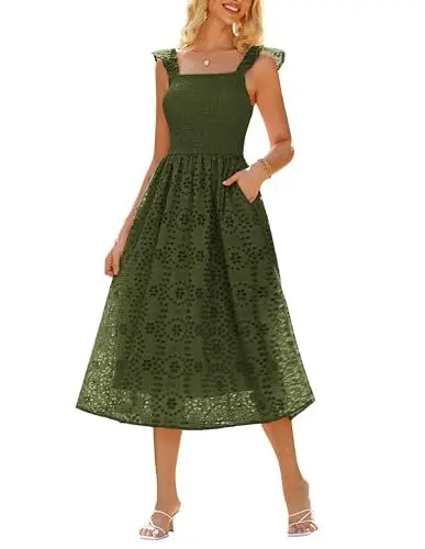 Produktbild: Damen Cocktailkleid Retro Elegant Elastische Taille A Linie Hollow Partykleid XXL Armeegrün