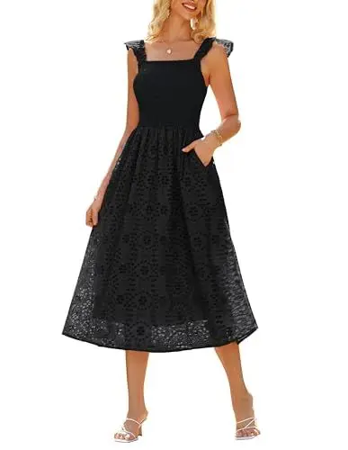 Produktbild: Damen Sommerkleid Boho Casual Falten mit Rüschen A-Linie Langes Kleid L Schwarz