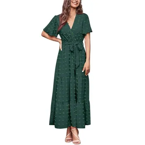 Produktbild: Damen Sommerkleid Lang Elegant Kleid Damen mit Ärmeln Kurzarm A Linie Kleider mit Gürtel Maxi Volantkleider Rüschen Sommerkleider Leicht Und Luftig Damenkleider V Ausschnitt Strandkleid