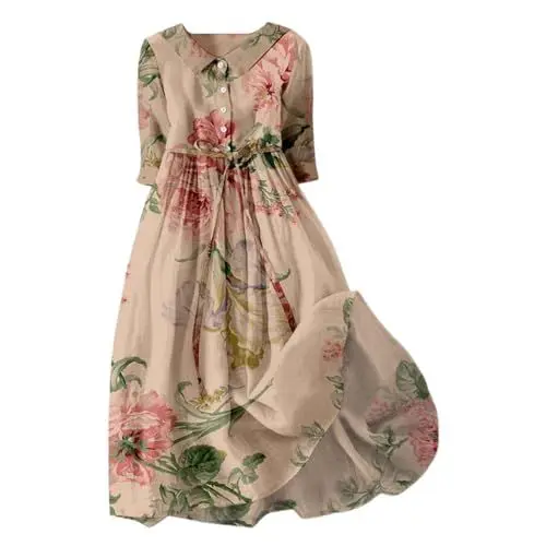 Produktbild: Damen Sommerkleid Sale Sommerkleid Damen Freizeit Lockere Strandkleid Damen Sommer Casual Mode Floral Gedruckt Sommerkleid Damen Lang Maxikleid Damen Sommer Abendkleider Kleid V Ausschnitt Sale