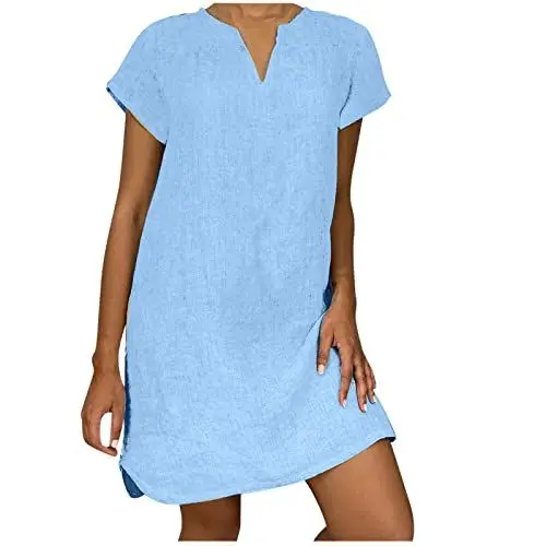 Produktbild: Damen Sommerkleider Sommerkleid Casual Aben Kleid Einfarbig Teenager Mädchen Swing Bluse Maxikleider Frauen Ball Kleid Basic Kleider Hochzeitsgast Frau Frühlingskleid Blusenkleid Hellblau 4XL