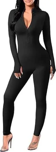 Produktbild: Sport Jumpsuit für Damen Eng Langarm Overall mit Reißverschluss Sexy Gerippter Rollkragen Jumpsuit Push Up Elastischer Einteiler Body One Piece Bodysuit für Yoga Fitness Gym (nero, M)