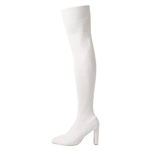 Produktbild: Damen Stiefel Damen Schwarze Stiefel Damen Frauen High Heel Stiefel und Winter Mode Komfortable Spitzschuh Dicke Ferse Stretch Strick Einfarbig Schuhe Gummistiefel Damen Schuhe Boots Mode (White, 42)