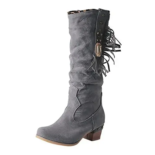 Produktbild: Damen Stiefel Dicke Stiefel Damen Absatzfarbe Mode Stiefel Strass Solide Damenstiefel mit Fransen Plateau Damen Winter (Grey 39)