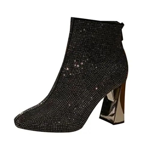 Produktbild: Damen Stiefeletten mit Absatz Glänzende Strass Zipper Stiefel Elegant Sexy Stiefel Hoch Leichte Bequem Langlebig Kurzschaft Stiefel für Büro Dating Reisen gr 38 Schwarz