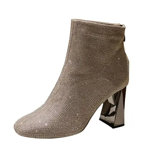 Produktbild: Damen Stiefeletten mit Absatz Glänzende Strass Zipper Stiefel Elegant Sexy Stiefel Hoch Leichte Bequem Langlebig Kurzschaft Stiefel für Büro Dating Reisen gr 39 Weiß