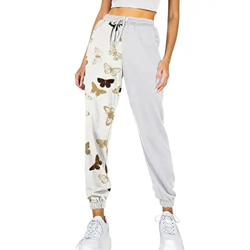 Produktbild: Damen Stoffhose Glitzer Damen Stoffhosen Stretch Damen-Taschen-Jogginghose Bedruckte, Bequeme, hoch taillierte, sportliche, modische, elastische Leinenhose Damen High Waist Blaue Stoffhose (Gold, L)