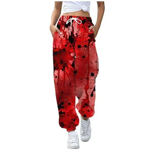 Produktbild: Damen Stoffhose Schwarz Elegant Hose Damen Lässige, Hosen und Sweatshirts mit Blutflecken-Print und Kordelzug Damen High Waist Hose Locker Bluse Damen (Purple, S)