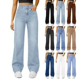 Produktbild: Damen Straight Leg Jeans Baggy Lang Weites Bein Jeanshosen High Waist Leichter Oversize Denimhose mit Knopfleiste Taschen Loose Warm Freizeithose Passform für Wandern (Light Blue, M)