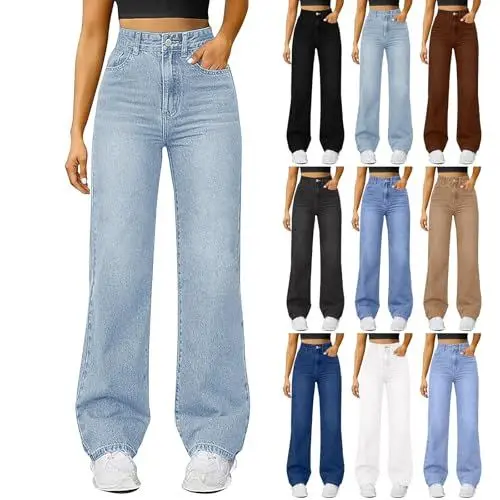 Produktbild: Damen Straight Leg Jeans Baggy Lang Weites Bein Jeanshosen High Waist Leichter Oversize Denimhose mit Knopfleiste Taschen Loose Warm Freizeithose Passform für Wandern (Light Blue, M)