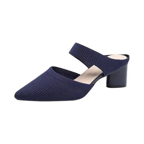 Produktbild: Damen Strick Slip-On Slide Sandalen Spitze Geschlossene Zehe Chunky Block Heel Atmungsaktive rutschfeste Wandersandale (Blue, 43)
