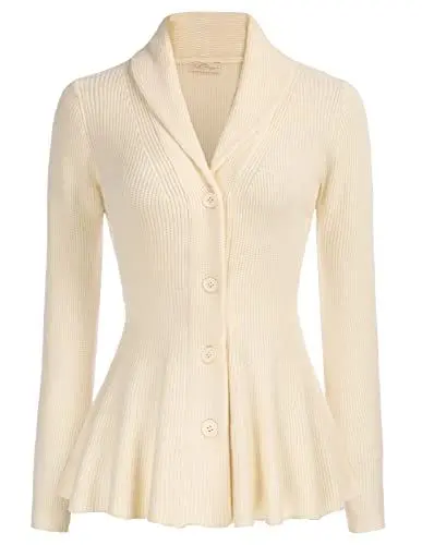 Produktbild: Damen Strickjacke Cardigan Langarm Reverskragen mit Knopf A-Linie mit Rüschensaum Elfenbeinweiß M