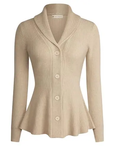 Produktbild: Damen Strickjacke Langarm Reverskragen Casual Elegant Strickcardigan A-Linie mit Rüschensaum Beige L