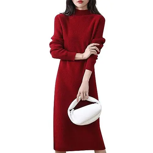 Produktbild: Damen Strickkleid Langarm Elegant Midikleid Damen Rollkragen Winterkleider Lang Strickpulli Pulloverkleid Damen Frühling Winter Damenkleider Sweater Einfarbige Kleider Frauen Weich Und Bequem