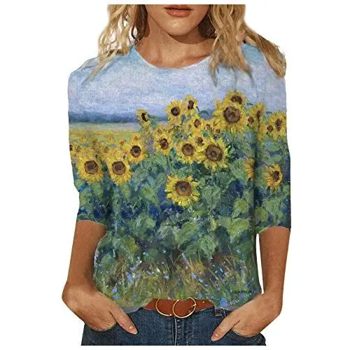 Produktbild: Damen T-Shirt 3/4 Arm Oberteile Tops Elegant Schmetterling Druck Shirt Tunika Lose Rundhals Sommershirts Mode Damenblusen Langarm Blumen Bluse Tshirt