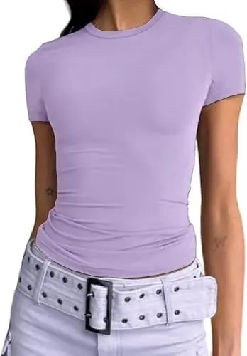 Produktbild: OYIGELZ Damen T-Shirt Basic Kurzarm Crop Top Y2K Slim Fit Oberteile Casual Rundhals Tee Shirts(Violett,XS)