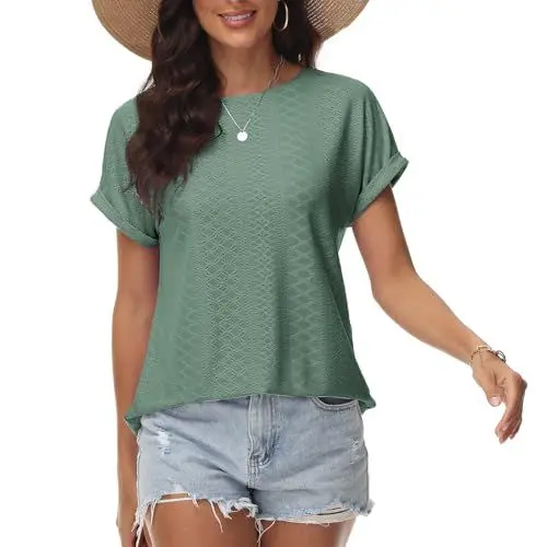 Produktbild: Damen T-Shirt Lochstickerei Bügelfrei Rundhalsausschnitt Oberteile Sommer Frühling Modische Kleidung 2024 Lässige Kurzarmbluse Graugrün XXL
