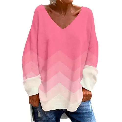Produktbild: Damen T-Shirt Rosa Brustkrebs Bewusstsein Print Blusen Lose Stretch Damen Langarmshirt Damenpullover Langarm Tunika Oberteil Basic Tops Tshirt Longshirt Damen Lässig für Leggings(A2-Hot Rosa,XXL)