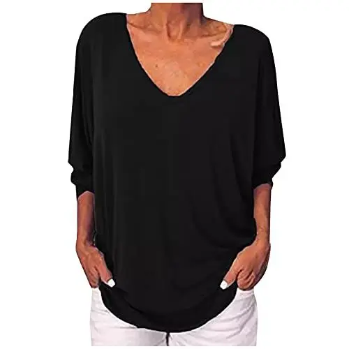 Produktbild: Damen T-Shirts 3/4 Ärmel Einfarbig Oberteile Elegant 3/4 Arm Bekleidung Frauen Tunika Sexy Mode Motiv Tshirts Scoop-Ausschnitt Herbst Tee Grafik Drucken Oversized Shirt Tee T-Shirt Schwarz XXL