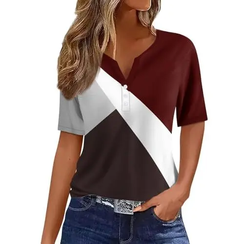 Produktbild: Damen T Shirt Kurzarm Sommer T-Shirts Damen Oberteil Frauenkleidern Bedrucken Baumwolle T Shirt Coole Camping Kurzarm Sommer Henley Mit Druckknöpfe T Shirt Woman Grosse Grössen Mode Taillierte