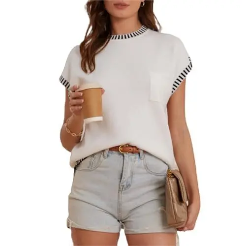 Produktbild: Damen Tank Tops mit Flügelärmeln Sommer Rundhals Oberteil Ärmellose Leichter Häkelstrickpullover Vest Shirt