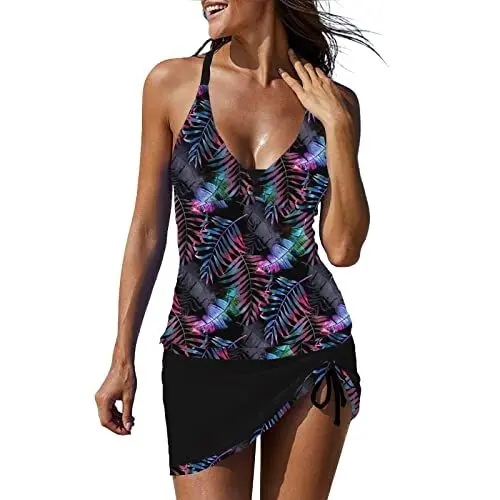Produktbild: Damen Tankini Set V-Ausschnitt überkreuztes Crossover High Waist amerikanische Split Size Badeanzug Bedruckte Badeanzug Rock Stil Zweiteiliger Badeanzug Lila., M