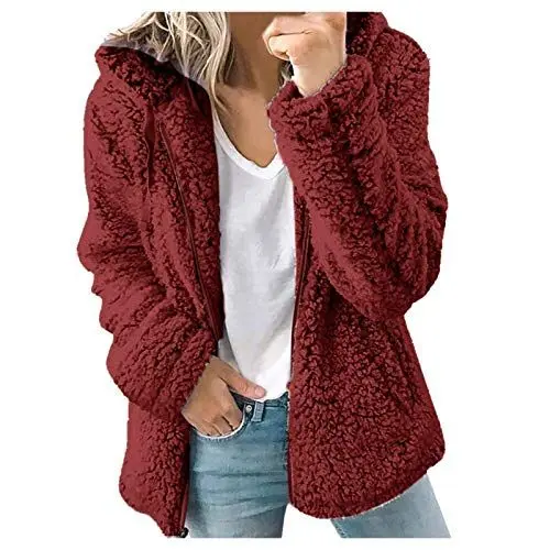 Produktbild: Damen Teddy Jacke kurze Kunstfelljacke Mode Warm Hoodie Pullover mit Teddyfutter Warm Gefüttert Fleecejacke Reißverschluss Langarm Oberteile Top Winterjacke mit Taschen (Red, L)