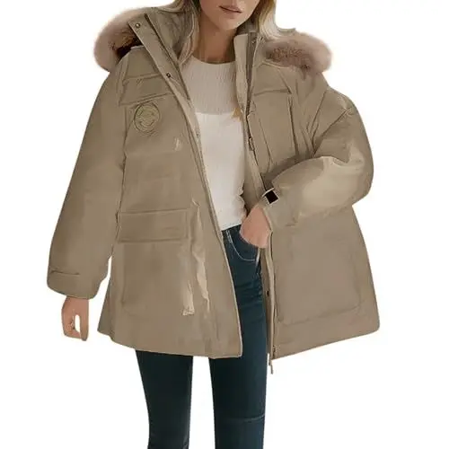 Produktbild: Damen Teddyfell Dicke Warme Softshellmantel Damen Damen-Wintermäntel, Jacke, abnehmbare Kapuze, warm, mit Kunstfutter gefüttert, dicker Parka mit Damen Schwarz Ledermantel Damen Wasserdicht (Khaki, L)