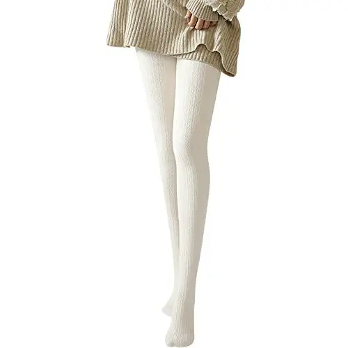 Produktbild: Damen Thermo-Leggings Winter Strick Strumpfhosen Beinlinge wärmende Baumwolle High Waist Komfort (White, One Size)