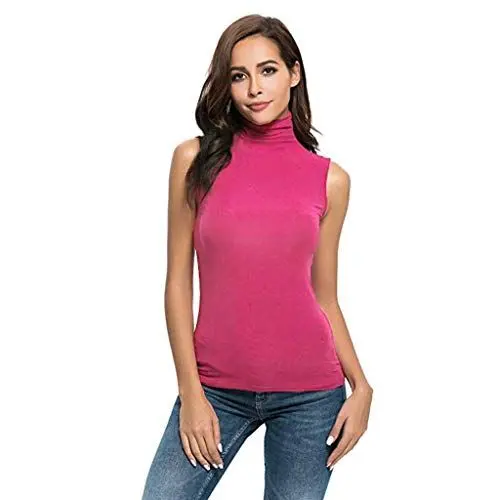 Produktbild: Damen Top Rollkragen Ärmelloses Shirt Dünnes Unterziehshirt Weich Stretch Rollkragenpullover Einfarbig