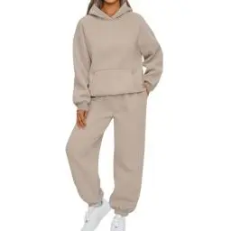Produktbild: Damen Jogginganzug Set Langarm Hoodies Und Hosen Casual Hoodies Hosen Set Sweatshirts Einfarbig Jogginganzug Jogginganzug Damen Lässig Zweiteiler Damen Sportanzug (3-Beige,M)